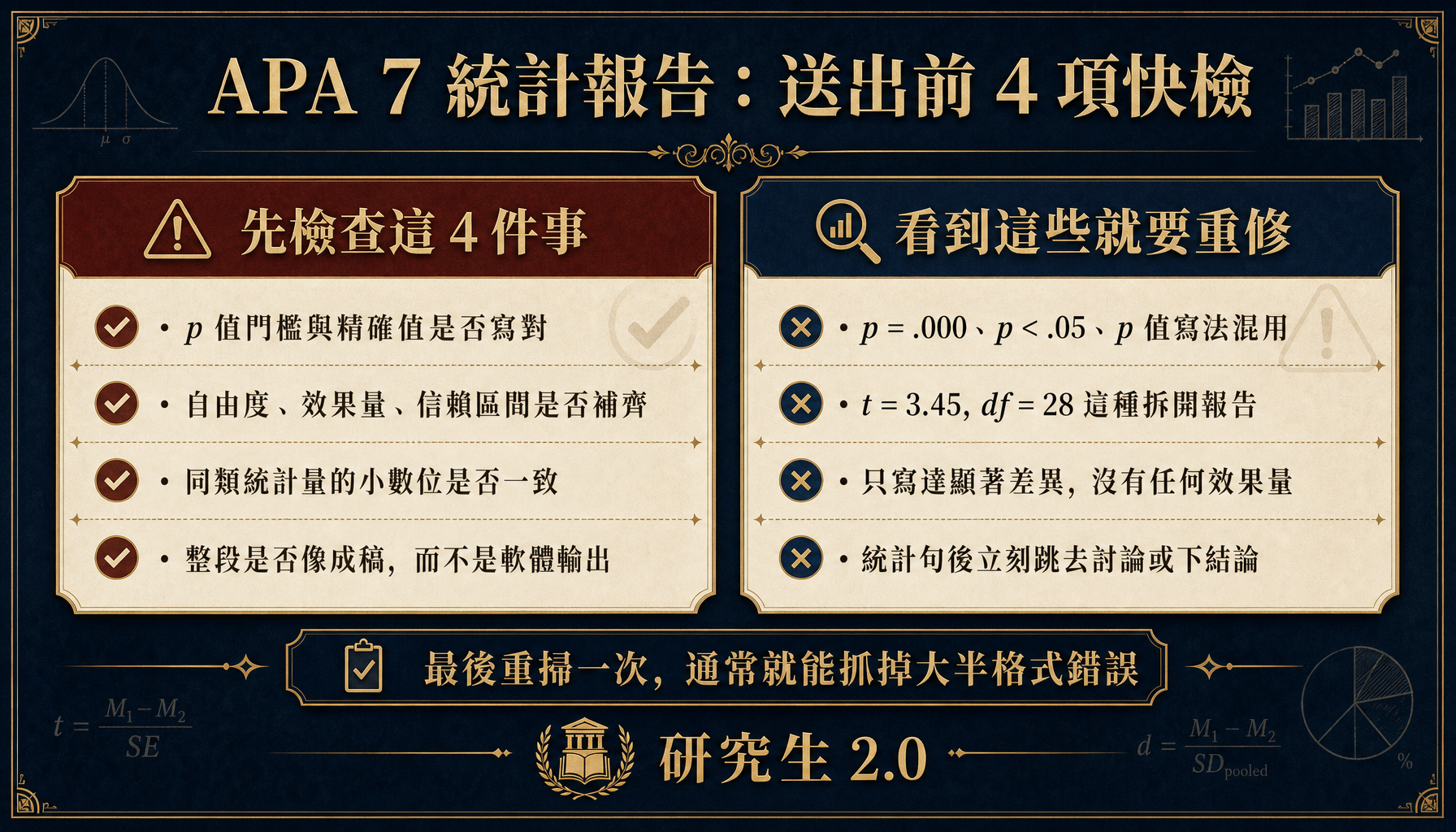 APA 7 統計報告送出前 4 項快檢圖